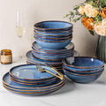 GBHOME Stoneware Dinnerware Sets for 8, 24 Pieces Rustic Earthenware Plates and Bowls Set, Handmade Reactive Glaze Ceramic Plate Sets, Chip Resistant Dishes, Microwave & Dishwasher Safe, Sea Blue