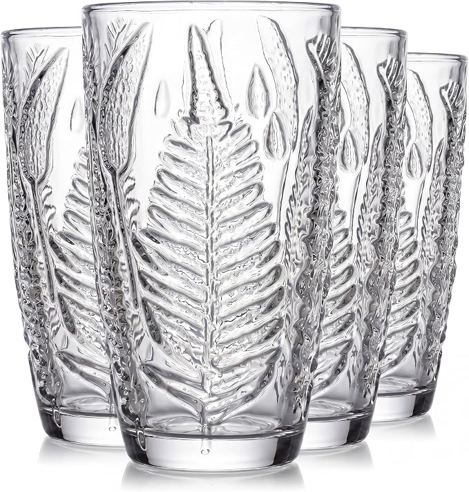 Vintage Drinking Glasses Set of 4, 16 oz Hand-Pressed Clear Glass Tumblers, Fern Embossed Retro Glassware, Textured Cups for Water, Cocktails & Beer, Decorative Kitchen Drinkware, Unique Boho Gift Set