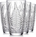 Vintage Drinking Glasses Set of 4, 16 oz Hand-Pressed Clear Glass Tumblers, Fern Embossed Retro Glassware, Textured Cups for Water, Cocktails & Beer, Decorative Kitchen Drinkware, Unique Boho Gift Set