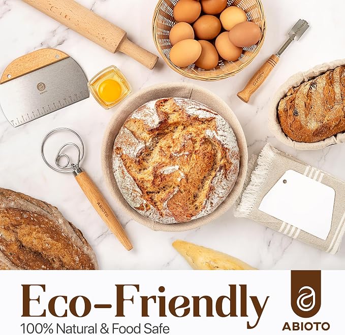 ABIOTO Sourdough Bread Baking Kit - 14-Piece Set with 10" Round & 11" Oval Rattan Banneton Proofing Baskets, Liners, Bread Lame, Danish Whisk & Scrapers for Home Bakers