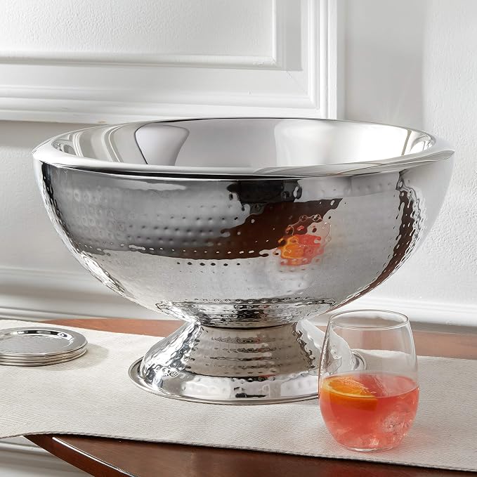 Elegance Stainless Steel Hammered Double-Walled Insulated Punch Bowl 17 Inch | 3 Gallon Footed Beverage Tub for Wine, Champagne for Parties, Weddings & Events