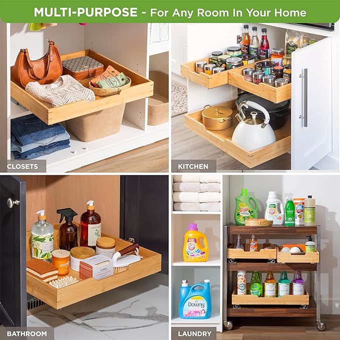 HOLDN’ STORAGE Bamboo Wooden Pull out Cabinet Organizer 20"W x 21"D Requires At Least a 21.25"W x 21"D Cabinet Opening W/Lifetime Limited Warranty, Bamboo Tray and Heavy Gauge Metal Rails