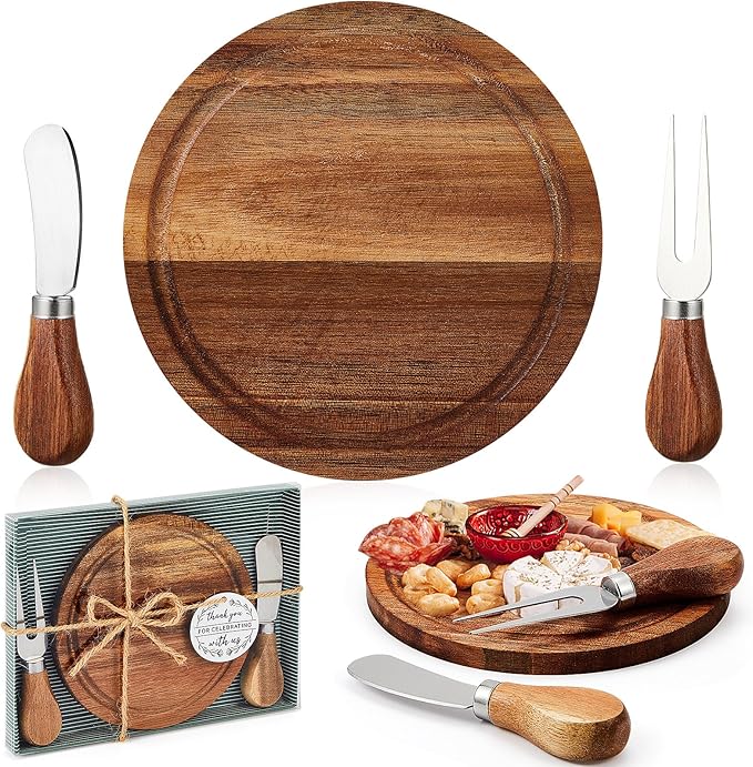 Maxcheck 4 Sets Baby Shower Bridal Game Prizes for Winners Round Cheese Board Set Wood Mini Charcuterie Board with Knives and Forks Thank You Card with Gift Box for Guests Wedding (Acacia)