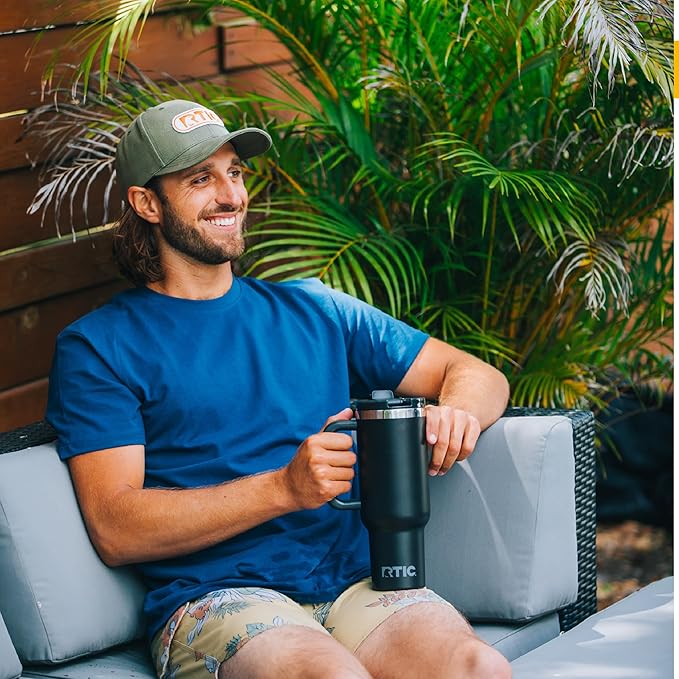 RTIC 40 oz Road Trip Tumbler Double-Walled Insulated Stainless Steel Portable Travel Coffee Mug Cup with Lid, Handle and Straw, Denim
