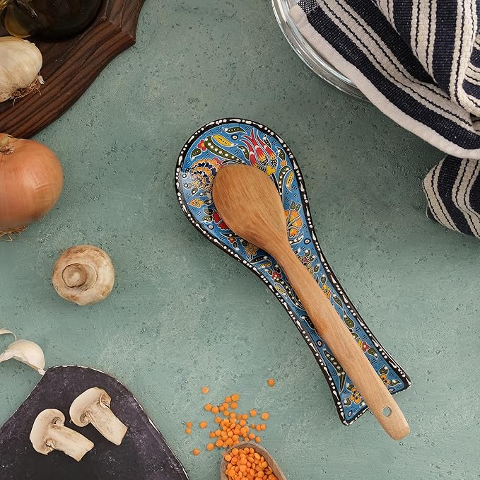 BCS Spoon Rest Set of 2 - Ceramic Spoon Holder for Stovetop & Kitchen Counter - Dishwasher Safe Handmade Kitchen Utensil (Blue-Red 3.5” W x 9" L)