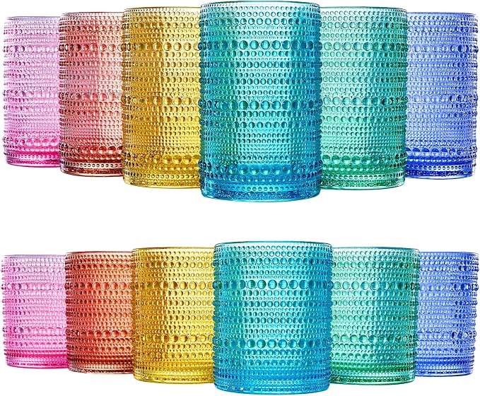 Khen Hobnail Beaded Highball Drinking Tumbler Glasses | Set of 12 | Color, Vintage Bubble Design Whiskey Glassware, Old-Fashioned, Embossed Design for Water, Wine, Cocktail Embossed, Rocks Glass