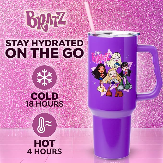 Silver Buffalo Bratz Featuring Cloe, Yasmin, Jade, and Sasha Double Walled Stainless Steel Tumbler with Handle and Straw, Fits in Standard Cup Holder, 40 Ounces