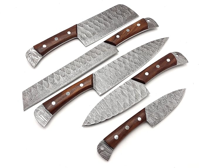 Nooraki Kitchen Handmade Damascus Knife Set 5 Pieces Full Tang Rosewood Handle, Chef, Butcher, Bread, Paring, Skinning Knives Set Everyday Use With Leather Bag