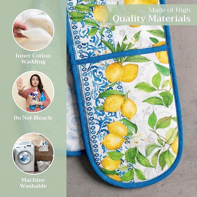 Maison d' Hermine Double Oven Mitts 100% Cotton 7"x35" Double Oven Mitt Heat Resistant BBQ Cooking Gloves with Loop Baking Grilling Gifts for Mothers Day Spring Summer (Cedrat)
