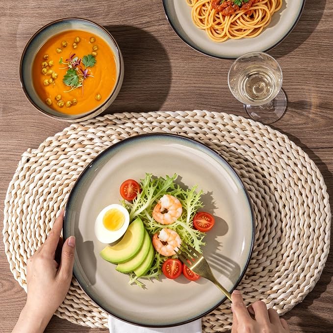 GBHOME 32 Pieces Stoneware Double Bowls Dinnerware Sets for 8, Ceramic Plates and Bowls Set with Reactive Glaze, Scratch Resistant Dishes Set, Dishwasher & Microwave Safe