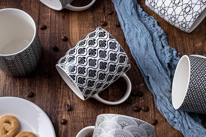 Set of 6 11.5 oz Coffee Mugs with Black and White Geometric Patterns, Ceramic Tea Cup Set