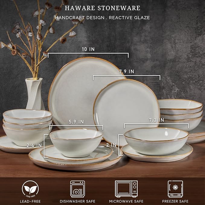 HaWare Plates and Bowls Set, Stoneware Dinnerware Sets, 16-Piece Hand-painted Dishware for 4, Ceramic Dish Set for Home Kitchen, Scratch Resistant, Microwave and Dishwasher Safe, Reactive Pearl White