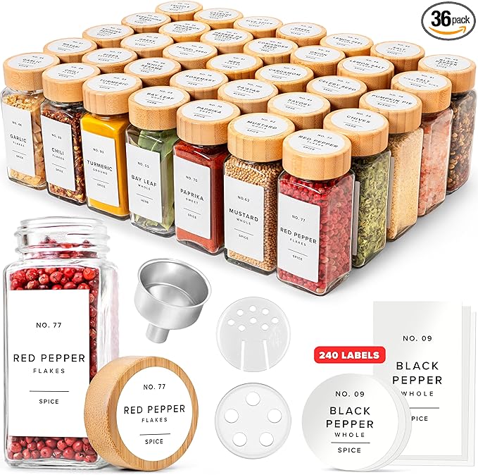 EDELHAUS® Square Spice Jars with Bamboo Wooden Lid (Pack of 36) Spice Jars with Shaker Insert and 240 Labels - Bamboo Lid Glass Container for Spice Organisation [4.3 in × 1.8 in]