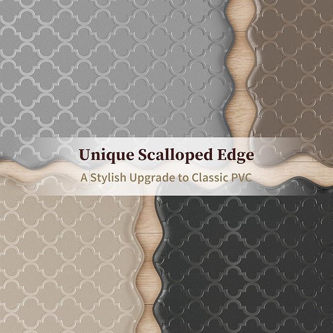 Arenarug Upgrade Scalloped Embossed Kitchen Mats for Floor 2PCS Cushioned Anti Fatigue Waterproof Foam Kitchen Rugs Non Slip Washable Comfort Standing Mat for Sink Laundry,17.3"x30"+17.3"x47",Khaki
