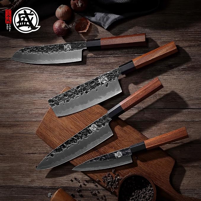 MITSUMOTO SAKARI 4-Piece Japanese Chef Knife Set, San-Mai 9Cr18MoV | Gyuto Santoku Nakiri Paring, Deep-Cryo Heat Treatment, Tsuchime Food Release, Rosewood Handles, Sandalwood Box