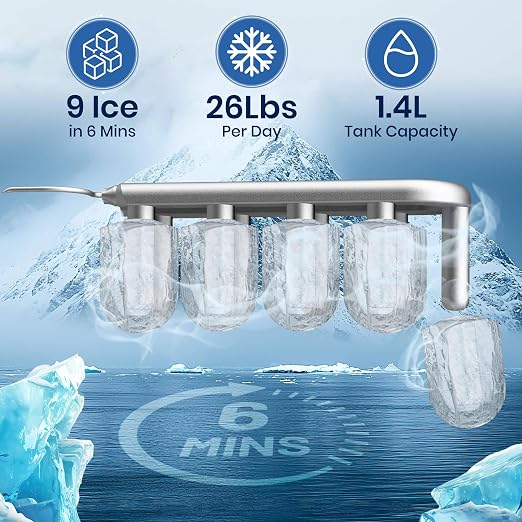 Countertop Ice Maker Machine, 26 lbs/Day Ice 1.4L Tank, 9 Ice Cubes in 6Min | Compact, quiet & energy-efficient with self-cleaning, viewing window, ice basket & scoop. Just fill, plug in & enjoy