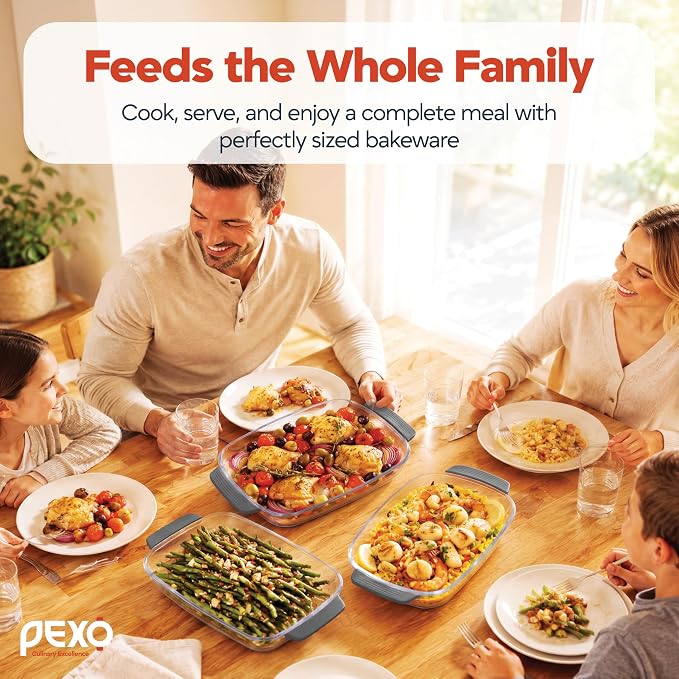 PEXO 6-Piece Glass Baking Dishes with Lids, Clear Glass Bakeware with Silicone Handles, (2.11QT, 3QT, 4.12QT) Casserole Dishes, Oven Dishwasher and Freezer safe, Rectangular Stackable Nesting Baking Dish set (Gray)