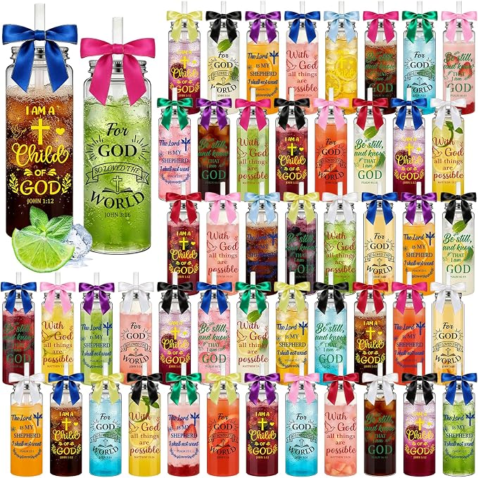 50 Pack Christian Gifts for Women Bulk, 17oz Bible Verse Plastic Cups with Lids, Straws and Satin Bows, Religious Inspirational Tumblers for Mom/Teacher, Church Baptism VBS Party Favors