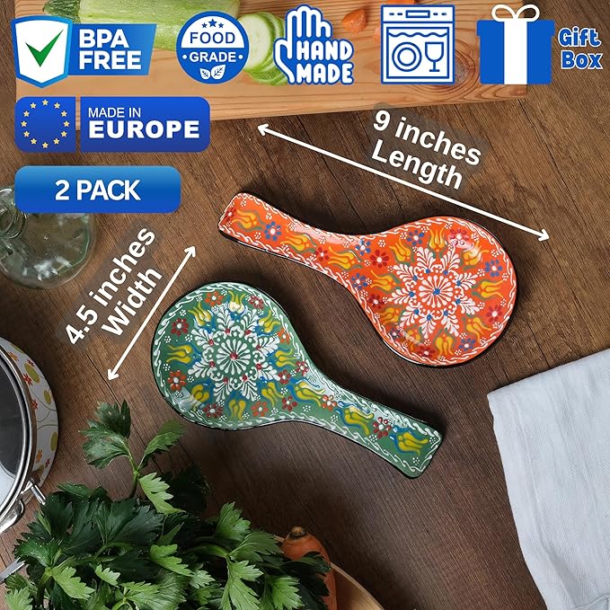 BCS Spoon Rest Set of 2 - Ceramic Spoon Holder for Stovetop & Kitchen Counter - Dishwasher Safe Handmade Kitchen Utensil (Green-Orange 4.5” W x 9" L)