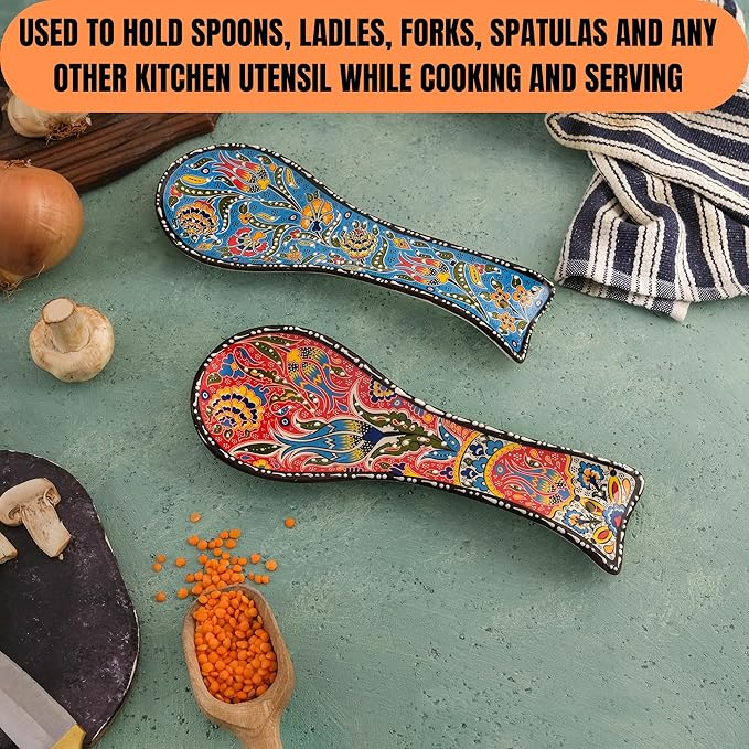 BCS Spoon Rest Set of 2 - Ceramic Spoon Holder for Stovetop & Kitchen Counter - Dishwasher Safe Handmade Kitchen Utensil (Blue-Red 3.5” W x 9" L)
