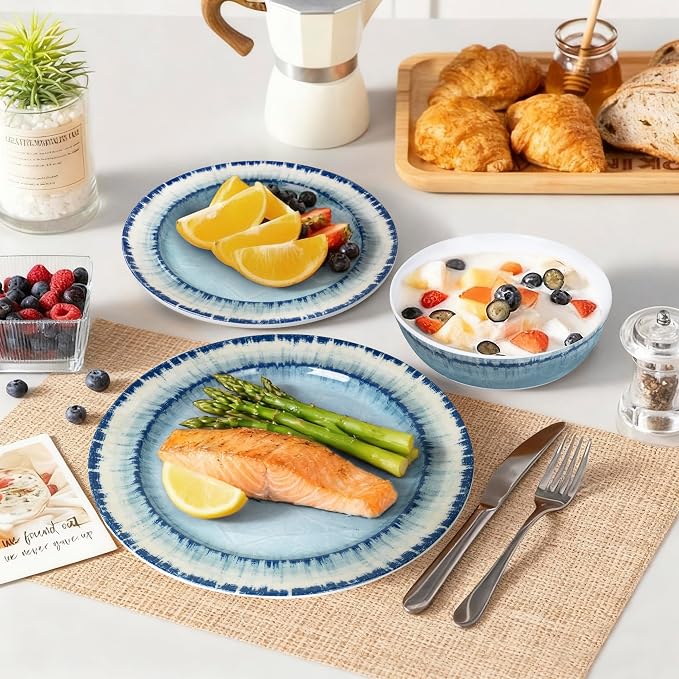 AELS Melamine Dinnerware Set of 12 Pcs Dinner Dishes Set for Indoor and Outdoor Use, Dishwasher Safe, Lightweight Unbreakable, BPA Free, Light Blue