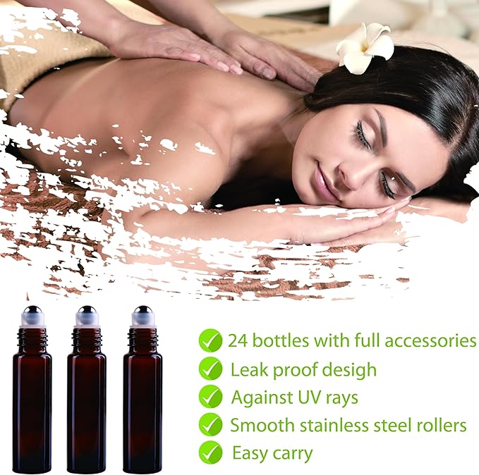 inice 24 Pack Roller Bottles for Essential Oils, Amber Galss 10ml Roll On Bottle with Stainless Steel Roller Balls and Metal Caps