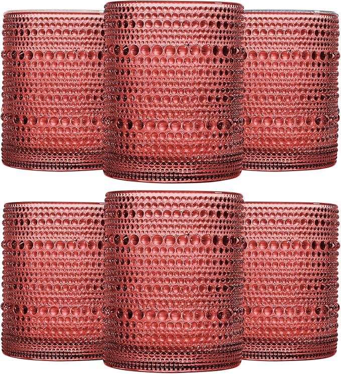 JOVGANK Red Vintage Hobnail Drinking Glasses Set of 6, Embossed Water Tumbler 12oz, Kitchen & Bar Beaded Glass Cups, Beverage Glass Cups for Water, Beer, Juice, Housewarming and Mother's Day Gift