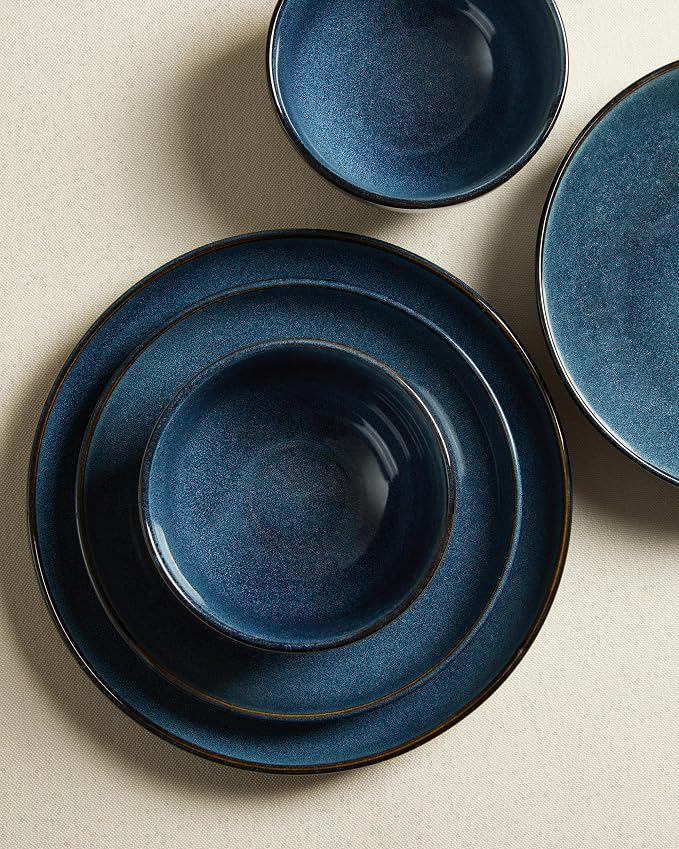 Pokini 24 Piece Dinnerware Sets for 8, Modern Stoneware Plates and Bowls Setst, Perfect for Family Gatherings & Holiday Celebrations, Easy Cleaning Dishes Set, Stack Compactly Dishware, Starry Blue
