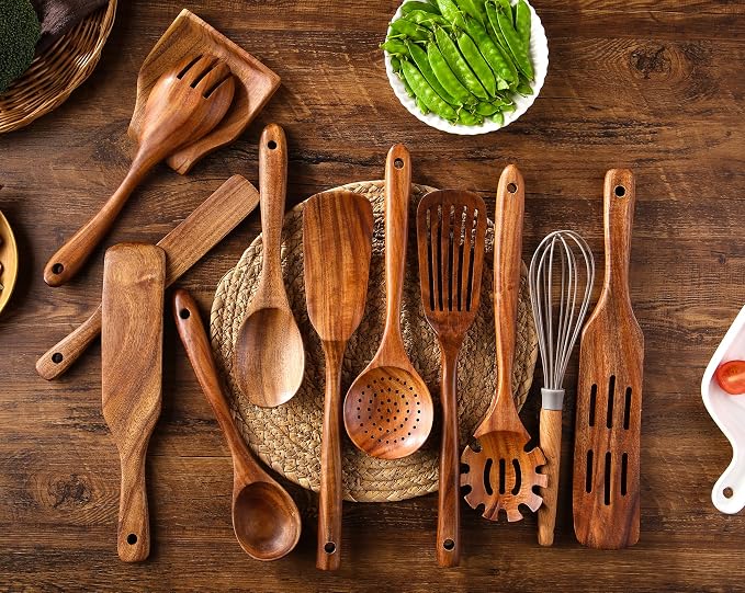 Kitchen Utensils Set, NAYAHOSE 12 Pcs Teak Wooden Cooking Spoons Spatula Spurtles Kit with Spoon Rest Whisk, Non-stick Natural Kitchen Tools