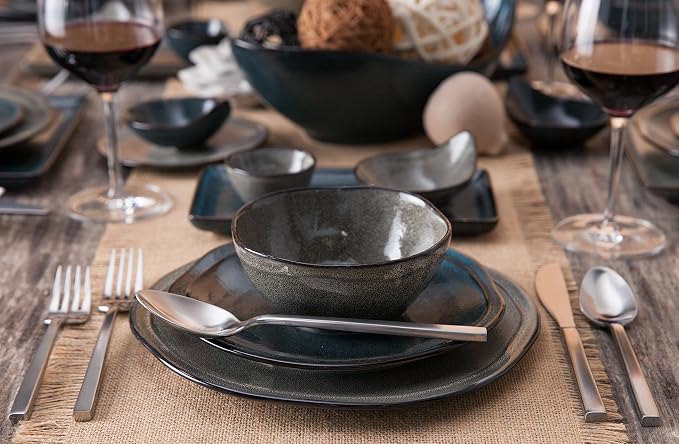 D&V 6 Piece Stōn Porcelain Dinnerware Square Dinner Plate Set, 9", Twilight