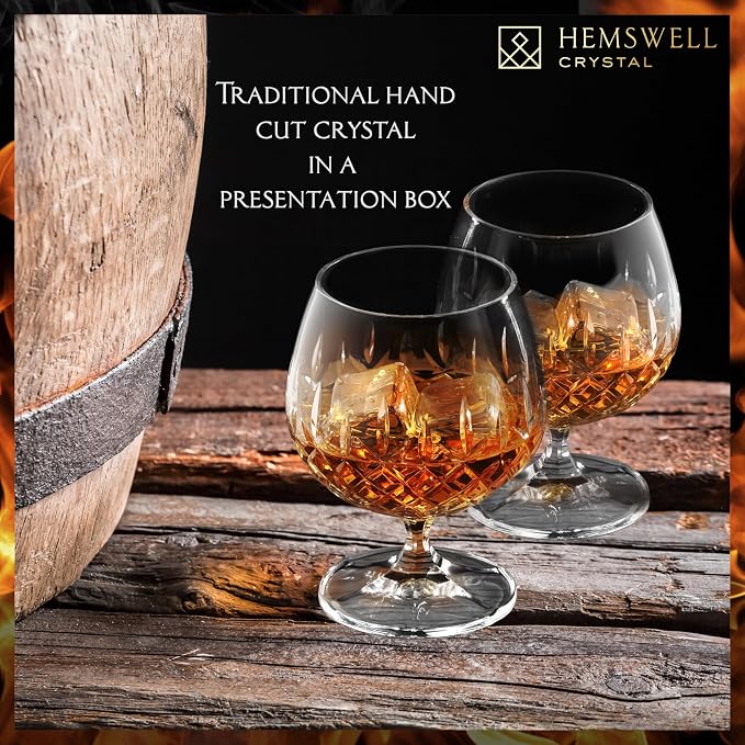 Brandy Snifter Glasses Set of 2 - Small Cut Glass Goblets | for Scotch or Cognac - Diamond Cut Glasses - European Crystal 8.5oz