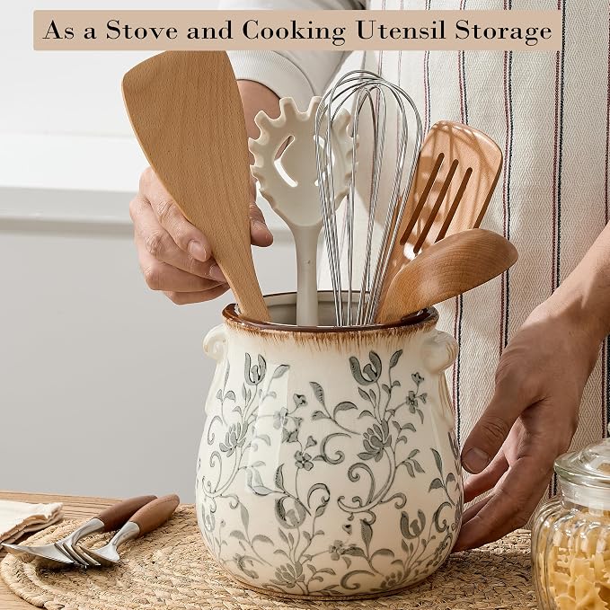 Utensil Holder for Kitchen Counter, Modern Farmhouse Rustic Cooking Utensil Holder and Crock, Exquisite Chinoiserie Floral Ceramic Utensil Organizer for Home Kitchen Decor- Gray Flower Patterns