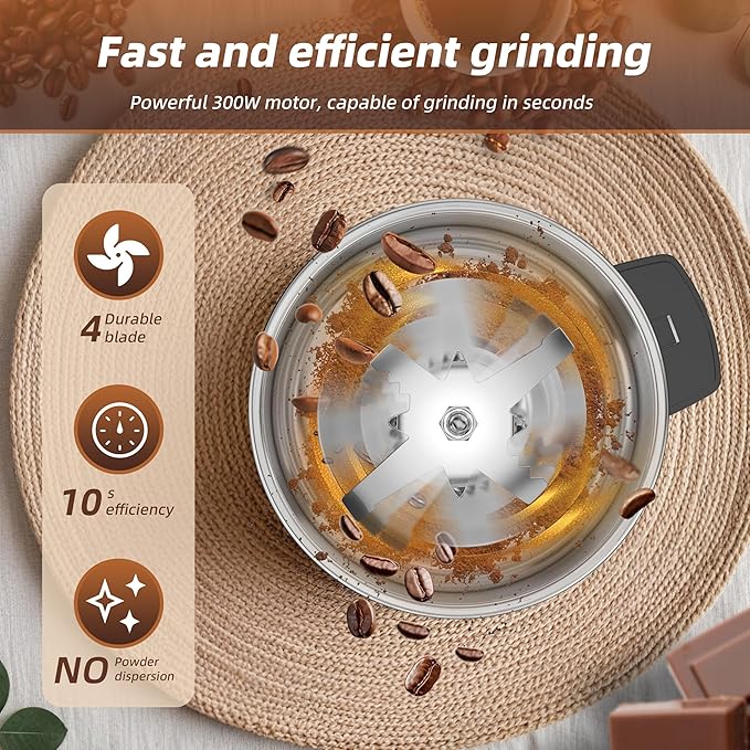 Electric Coffee Grinder 300W, Adjustable Grind, Espresso/Drip/Pour. Coffee Grinder for Coffee, Spices, and Other Foods (silvery-150)
