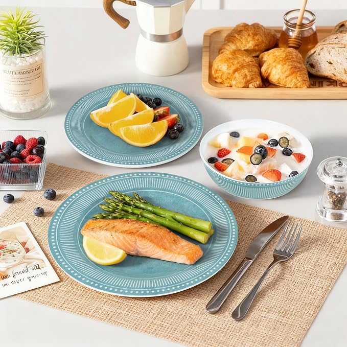 AELS Melamine Dinnerware Set of 12 Pcs, Dinner Dishes Set for Indoor and Outdoor Use, Melamine Plates and Bowls Set for 4, Dishwasher Safe, Lightweight Unbreakable, BPA Free, Green
