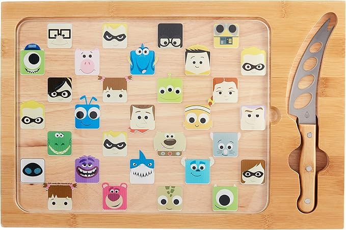 PICNIC TIME Disney Pixar Collection Icon Glass Top Cheese Board and Knife Set, Charcuterie Serving Tray, Removable Tempered Glass, Parawood and Bamboo Design, (Parawood & Bamboo)