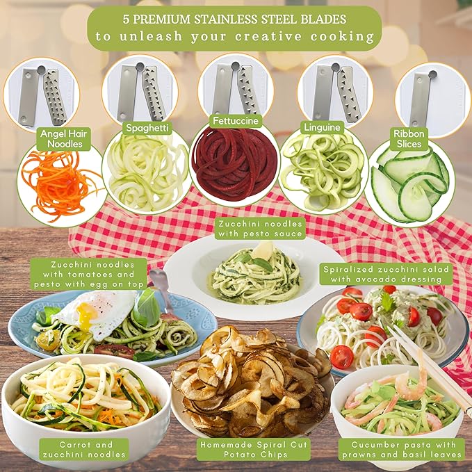 Brieftons 5-Blade Vegetable Spiralizer: Best Zucchini Spiral Slicer & Veggie Noodle Maker, Japanese Steel Blades, Strong Suction Cup, Blade Caddy, 4 Recipe eBooks | Low Carb, Vegan, Paleo, Gluten-Free