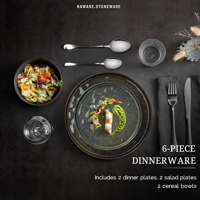 HaWare Dinnerware Sets, 6-Piece Plates and Bowls Set, Stoneware Dish Set for 2, Ceramic Dinnerware for Home Restaurant, Chip and Scratch Resistant, Microwave and Dishwasher Safe, Reactive Moss Green