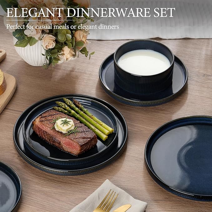 E-far Stoneware Dinnerware Sets, 18-Pieces Plates and Bowls Sets, Chip & Scratch Resistant Ribbed Dishes Set for 6, Modern Kitchen Dinning Porcelain, Dishwasher & Microwave Safe, Midnight Blue