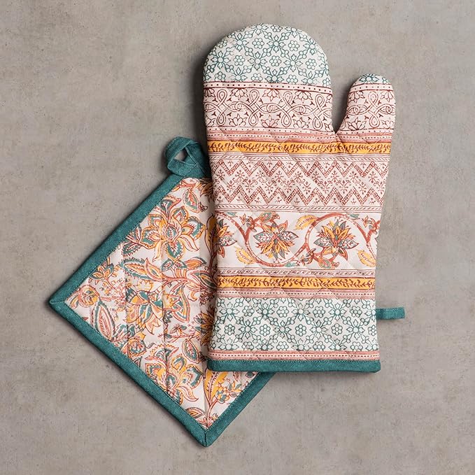 Maison d' Hermine 100% Cotton Oven Mitt & Pot Holder Set (7.5"x13" & 8"x8") Heat Resistant BBQ Cooking Gloves with Loop for Thanksgiving Christmas Decorations Handling Hot Pans (Nila)