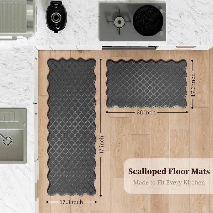 Arenarug Upgrade Scalloped Embossed Kitchen Mats for Floor 2PCS Cushioned Anti Fatigue Waterproof Foam Kitchen Rugs Non Slip Washable Comfort Standing Mat for Office Sink Laundry, Black