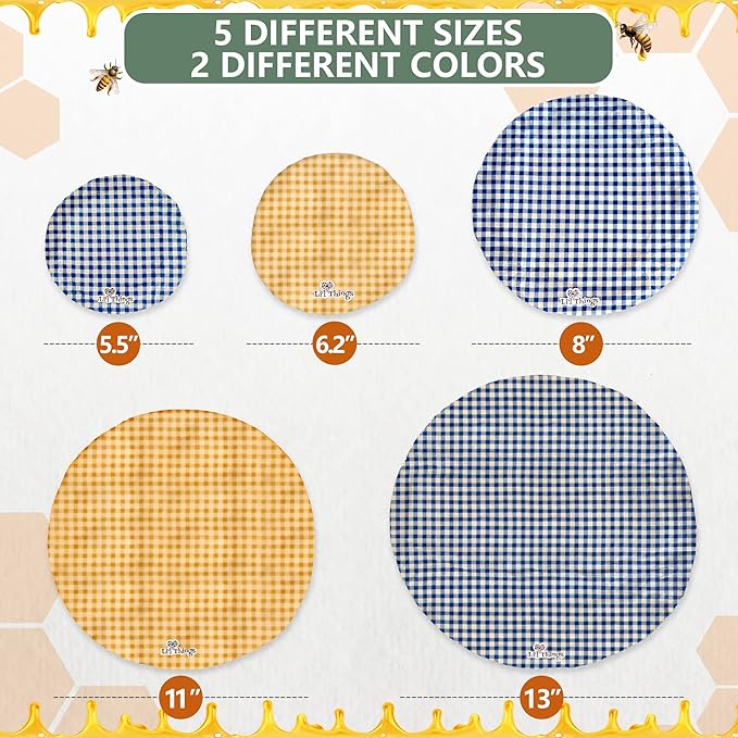 Beeswax Bowl Covers Set of 5 (XS–XL) – Reusable Elastic Food Covers for Bowls – Organic Cotton with Beeswax, Washable & Plastic-Free | Li’l Things – Checkered Plaid