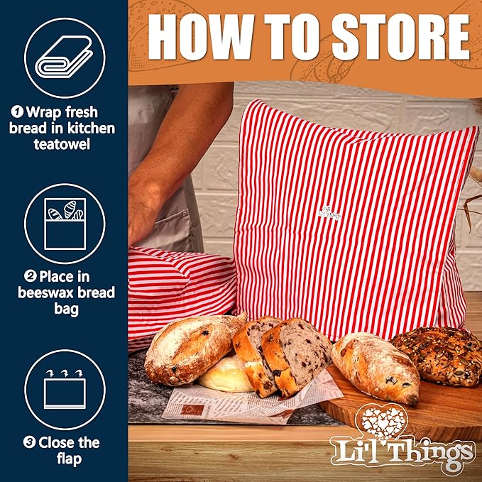 Sourdough Bread Bag – Reusable Beeswax Bread Storage Bags 2.0 (2 Sizes) for Homemade & Artisan Loaves, Cotton-Lined Bread Keeper, Plastic-Free Kitchen Storage – Stripey Red