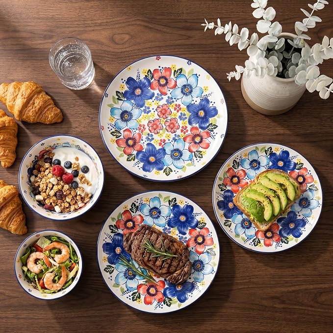 24-Piece Ceramic Dinnerware Set, Vibrant Floral, Service for 8, Colorful Floral Plates and Bowls, Microwave & Dishwasher Safe, Bohemian Style Porcelain Dish Set