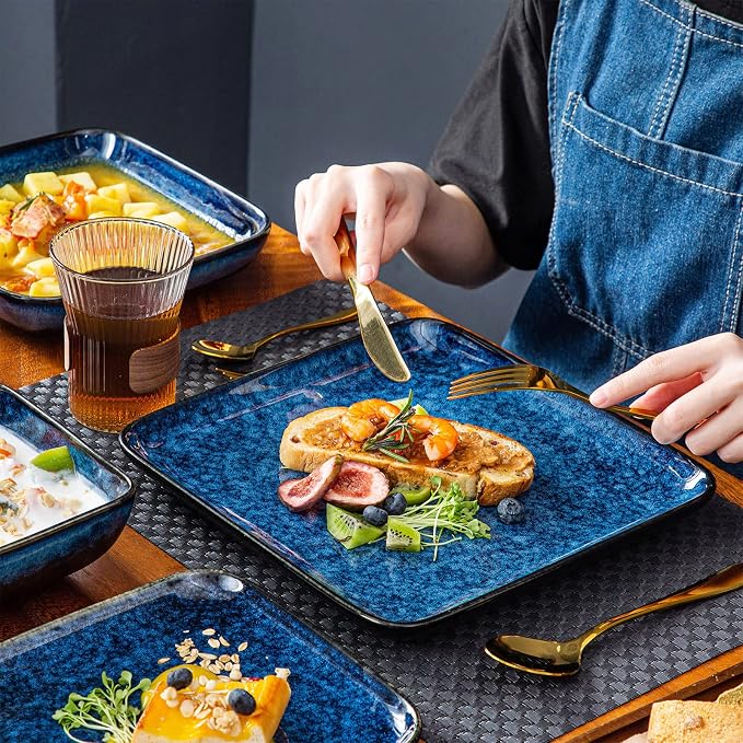 vancasso Stern Blue Square Dinnerware Set for 4, 16 Piece Reactive Glaze Stoneware Plates and Bowls Set, Modern Kitchen Dish Set with Dinner Plates, Salad Plates, Soup Plates and Bowls