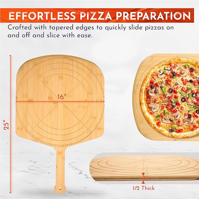 Wooden Pizza Peel 16 Inch Board with Engraved Sizes - Multi-Purpose Bamboo Pizza Cutting Board, Wood Pizza Peel, Pizza Spatula Paddle, and Serving Board with Size and Cutting Guide