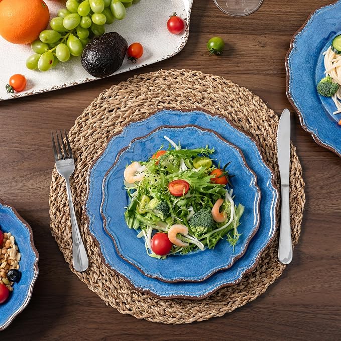 LEHAHA 12 Piece Rustic Farmhouse Luxury Melamine Dinnerware Sets, Thick Unbreakable but Lightweight Plates and Bowls Set, Vintage Spring and Summer Camping Dishes Set, Dishwasher Safe, blue