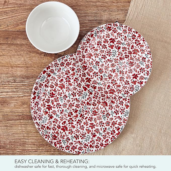 Pfaltzgraff Radiant Blossom 12 Piece Floral Stoneware Dinnerware Plate Bowl Dish Set, Service for 4, Red