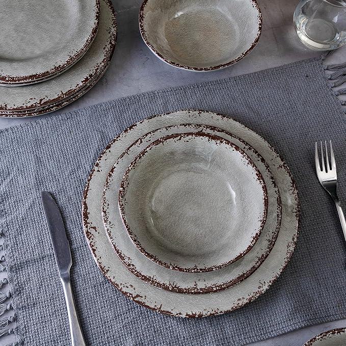 LEHAHA Farmhouse Melamine Dishes Dinnerware Set, 12 Piece Rustic Plates and Bowls Great for Picnic, Camping, Service for 4, Reusable and Dishwasher Safe, Indoor and Outdoor Use