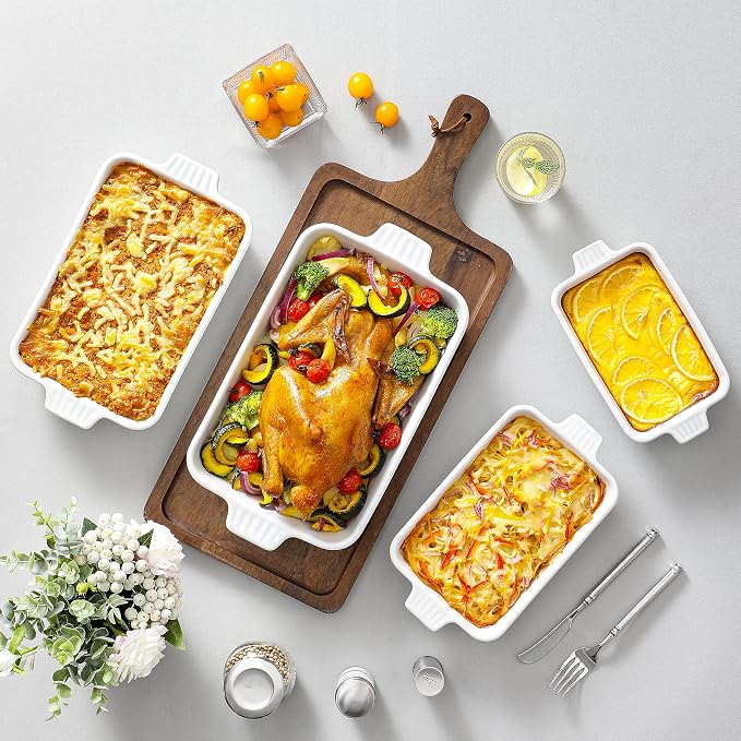MALACASA Casserole Dishes for Oven, Porcelain Baking Dishes, Ceramic Bakeware Sets of 4, Rectangular Lasagna Pans with Handles for Baking Cake Kitchen, White (9.4"/11.1"/12.2"/14.7")