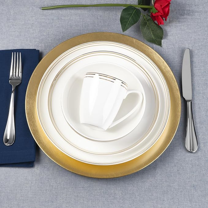 Everyday White by Fitz and Floyd Nevaeh Bone China Coupe Gold Bands Dinnerware Set, Service for 4
